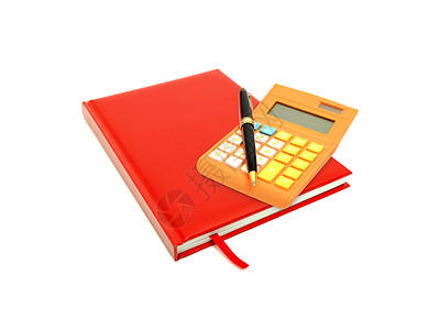 白上隔离的红色日记 计算器和笔图片
