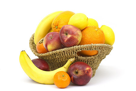 新鲜水果 篮子里有新鲜的果实香蕉果汁黄色花园白色圆形柠檬营养饮食甜点图片