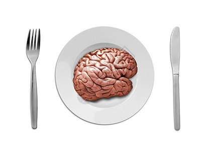 用叉子和刀子把人的大脑放在盘子上图片
