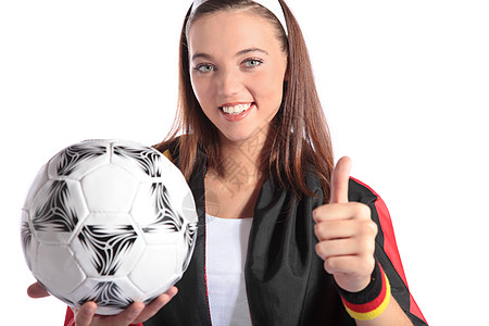 迷人的德国足球球迷黑发全身白色旗帜扇子幸福微笑女孩女士小鸡图片