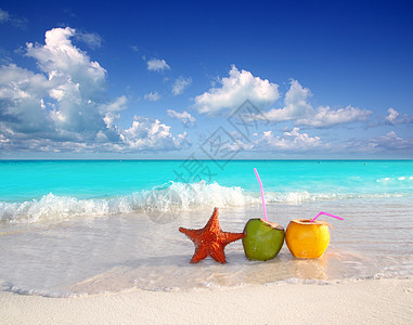热带海滩的椰子鸡果汁和海星地平线天堂波浪飞溅椰子天空海洋泡沫支撑饮料图片