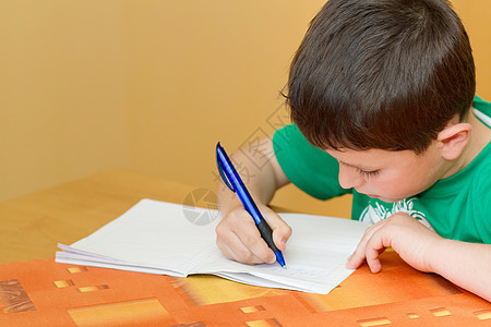 学校男孩在工作手册中写功课图片