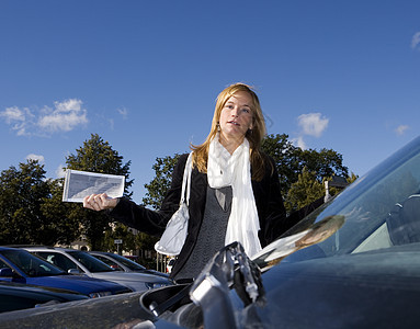 妇女与停车罚单恶作剧交通表情执照权威违章女性驾驶钱包停车票背景图片