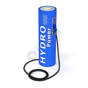 电池波电池加油站  水力发电技术环境细胞力量白色插头圆柱汽油生态蓝色背景