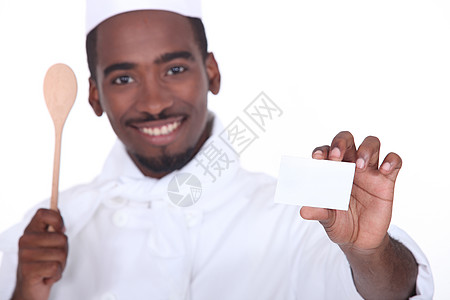 持有空白名片的厨师男人身份餐厅卡片饮食美食菜单帽子服务白色图片