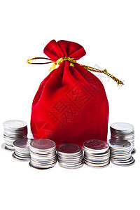 白色背景上孤立的红色天鹅绒邮袋丝带硬币繁荣挥霍成功收益金子遗产金融小袋图片