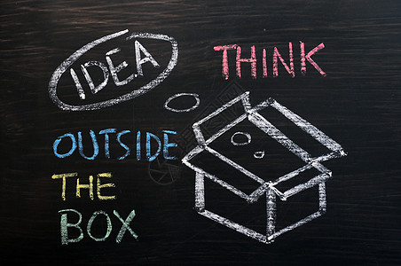 粉笔绘画  在盒子外面思考的概念黑色木板开箱战略创新头脑成功解决方案想像力脚本图片