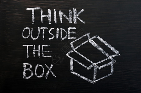 粉笔绘画  在盒子外面思考的概念想像力创新脚本成功黑板商业开箱战略头脑木板图片