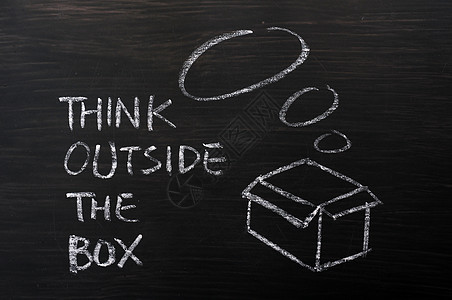 粉笔绘画  在盒子外面思考的概念头脑风暴创造力气泡解决方案商业成功战略黑色木板图片