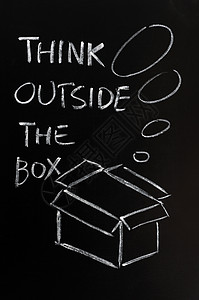 粉笔绘画  在盒子外面思考的概念创造力解决方案气球木板黑板黑色创新气泡头脑成功图片