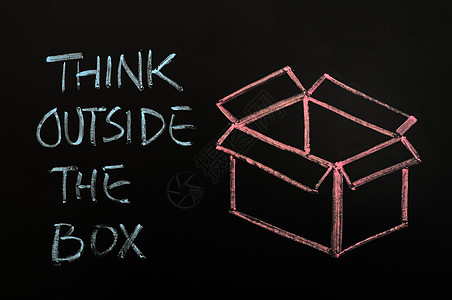 粉笔绘画  思考在盒子外面的概念黑板创新开箱学习学校风暴头脑广告牌解决方案商业图片