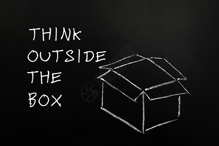 粉笔绘画  在盒子外面思考的概念黑色开箱风暴解决方案黑板创造力创新脚本战略成功图片