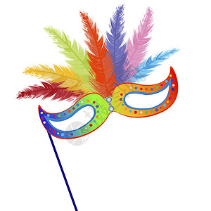 带羽毛的彩色草面罩节日马戏团隐藏舞会废弃派对金子插图戏服舞蹈图片