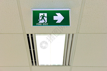 在有灯光的天花板上设置消防出口标志场景领导指导男人标签安全危险服务内饰指针图片