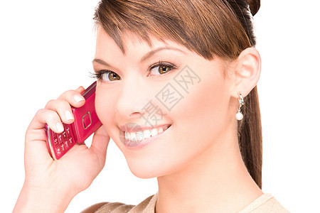 拥有手机的幸福妇女黑发呼唤八卦细胞快乐女性技术情感商务电话图片