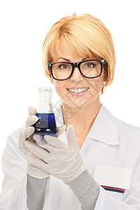 实验室工人持有测试管眼镜化学品老师医生手套样本化合物实验微笑瓶子图片