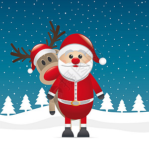 Santa Claus背后的红鼻子驯鹿插图假期动物邀请函愿望枞树庆典卡片男人数字图片
