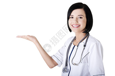 年轻女医生 介绍和展示复制空间的年轻女医生女性盘子医师手势医院手臂卫生外套保健实验室图片