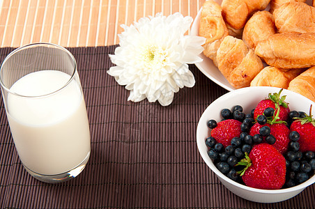早餐 果浆 牛奶和羊角面包住宅玻璃桌子旅行杯子浆果盘子翠菊酒店糕点背景图片