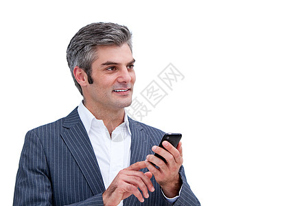一位沉浸在脑海中的商务人士的肖像 看着他的手机图片