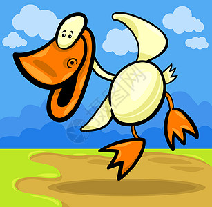 卡通鸭或鸭农场家禽绘画涂鸦跳跃天空快乐小鸭子草图插图背景