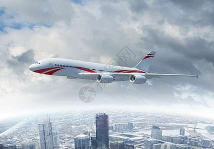 飞越城市上空的白色客机展示建筑学摩天大楼飞机蓝色眼睛景观航程地平线风景图片