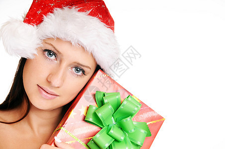 白色背景的美丽圣诞女孩 美丽的圣诞节女孩头发快乐盒子购物庆典黑发乐趣女士展示女性图片