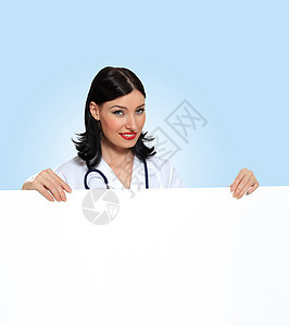 带横幅的年轻女医生女孩工作纸板卫生商业护士学生广告牌海报快乐图片