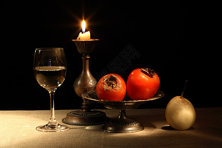 水果和葡萄酒艺术饮食火焰甜点晚餐帆布时间阴影酒杯古董图片