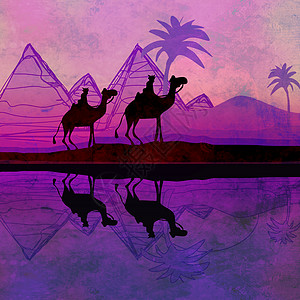 骆驼列车在穿越撒哈拉的多彩天空前被围绕棕榈月亮爬坡荒野风暴艺术地理土地反射贸易图片