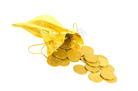 金袋里的钱币 白纸上孤立的商业繁荣财富储蓄成功零售交换解雇白色金子图片