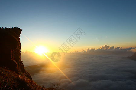 日出时 在千阿的出现高峰和云彩风景地平线爬坡阳光远足顶峰场景旅行环境天空日落图片