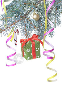 圣诞礼物和Fir树枝上的装饰 随心所欲地被孤立风格假期礼物松树庆典季节惊喜细绳紫色流光图片