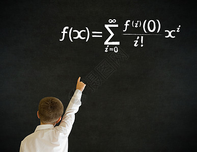 用数学方程式来回答男孩生意人的问题方程学校孩子数学商业黑板想像力学习教育白色图片