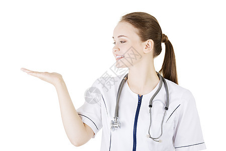 提供和展示复制空间的女医生 女医生女性手势女孩手臂广告工作卫生外套医师护士图片