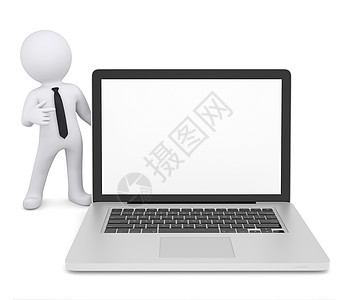 3D白人男子对笔记本电脑指指一个手指机动性展示键盘男人全球脑袋商业指针数据动物图片