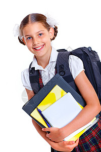 背包旅行快乐的女学生肖像白色学习者学生童年孩子小学生瞳孔幼儿园学习微笑背景
