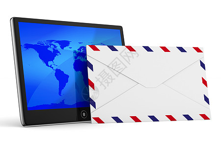 白色背景上的平板和信封 孤立的 3D 图像短信屏幕软垫电讯数据通讯器工具邮件互联网机动性图片