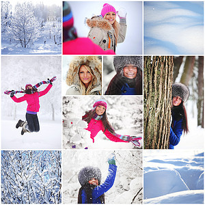 冬季公园的混居妇女青年微笑雪花拼贴画成人女孩假期季节女士帽子背景图片