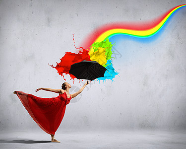 穿着带雨伞的丝绸礼服 跳芭蕾舞者行动运动员有氧运动运动配饰女性文化剧院数字彩虹图片