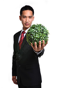 具有未来生态绿色能源概念的忙人经济成功白色环境创造力植物展示男人树叶背景图片