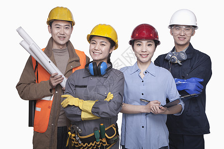 一群建筑工人站在白色背景 微笑 肖像等下站立安全帽防护眼镜团队面具幸福耳机同事双臂防护建造图片