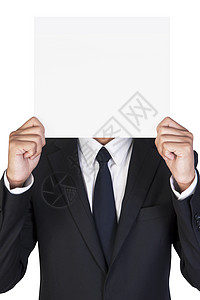 持有空白纸的商务人士站立员工隐藏卡片套装工人矩形白色商业推介会图片