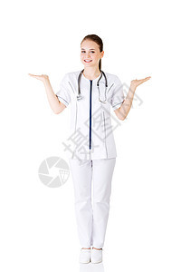 提供和显示影印空间的女医生 护士或女医生外套实验室医师棕榈手势医院卫生药品女性产品图片
