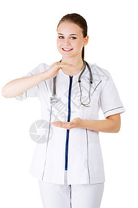 提供和显示影印空间的女医生 护士或女医生医师手臂微笑外套女士药品保健医院棕榈工作室图片