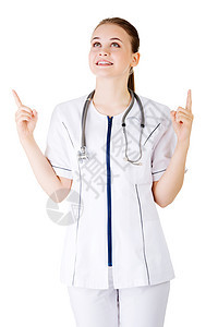 女医生或护士指向复制空间保健医疗医院手势产品卫生微笑女士白色手臂图片