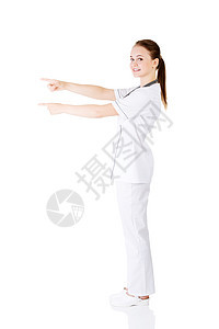 女医生或护士指向复制空间医疗职员保健白色产品手臂工作室外套医师卫生图片