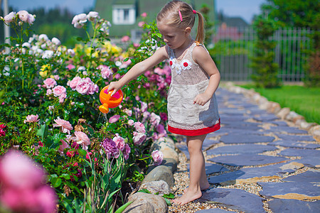 可爱可爱的可爱女孩 用水罐子浇鲜花牛仔裤生活叶子园艺院子植物学植物裙子爱好紫色图片