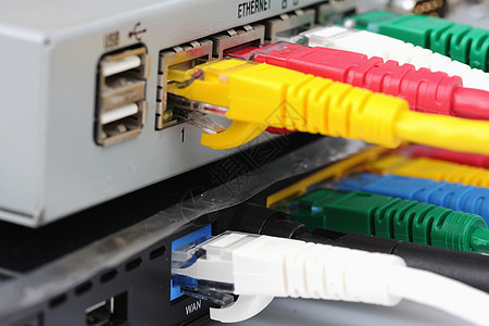 UTP LAN 连接路由器后面的Ethernet港口数字电子产品插头中心互联网网关技术硬件盒子黑色图片