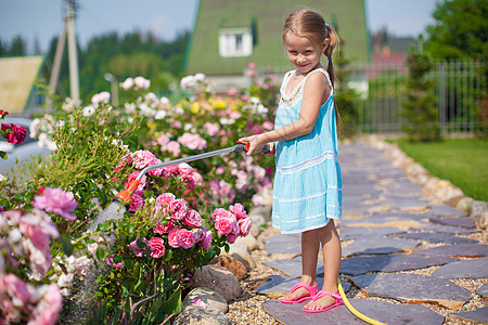 穿蓝裙子的可爱女孩 在花园里用水管浇花牛仔裤生长软管孩子紫色场地叶子院子生活植物图片